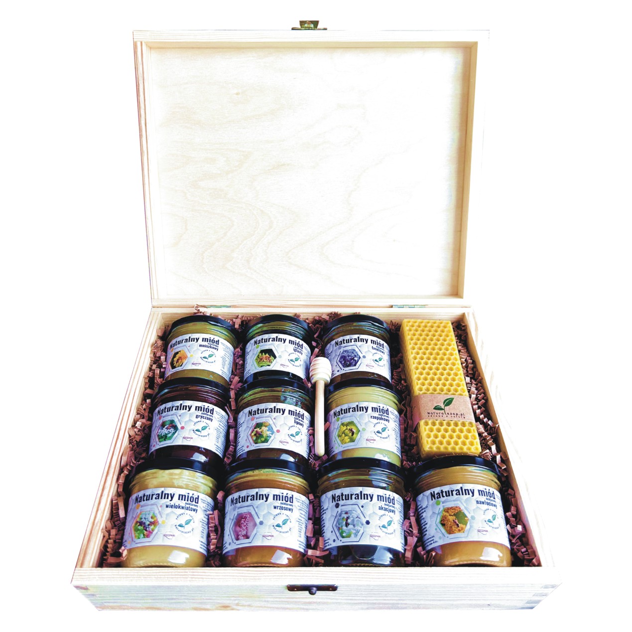 naturalszop Strona główna 12 Gotowy zestaw prezentowy 10 miodów 170g i świeczki w stylowym drewnianym pudełku (Premium)